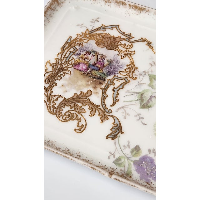 Antique Victorian Miniature Porcelain Plates & Matching Tray – Romantic Pastoral Scenes, Gilt Rococo Decor, C. 1900 (Set of 3) For Sale - Image 14 of 17