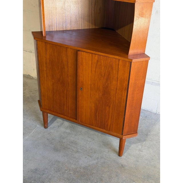 Brown Vintage Danish Modern Teak Corner Cabinet Display Hutch Mid Century Stained Glass Denmark For Sale - Image 8 of 9