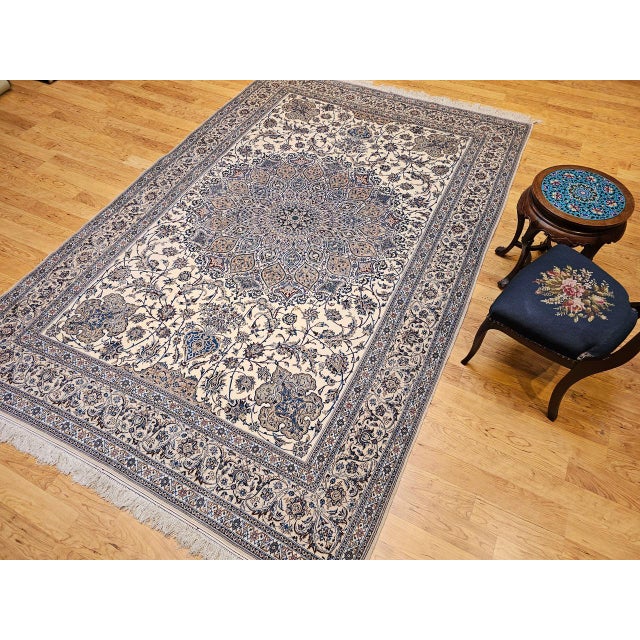 Ivory Vintage Exceptionally Fine Persian Nain Area Rug, Hand-Knotted Wool & Silk, Floral Pattern, 7x11, Ivory & Blue For Sale - Image 8 of 18