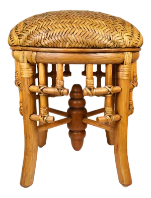 Mid Century Hand Made Bamboo Wicker Rattan Round Stool