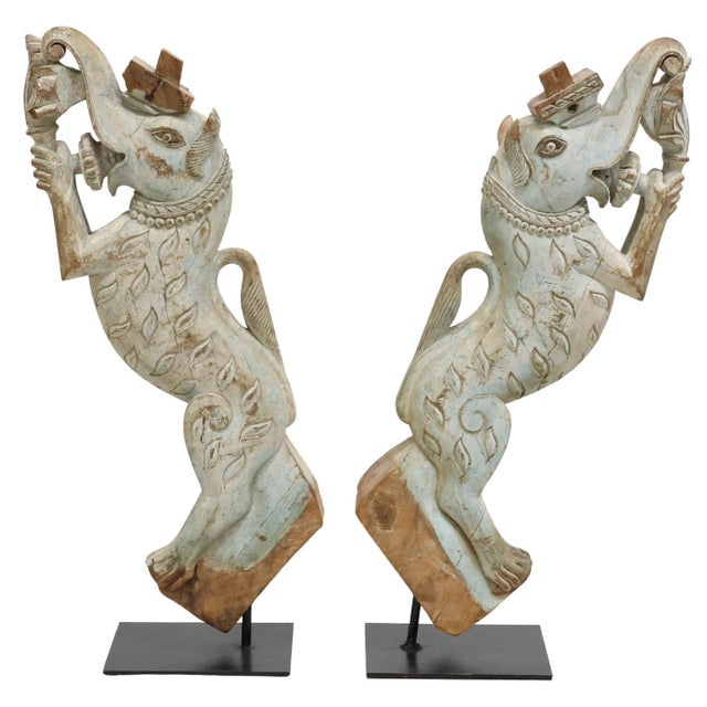 Boho Chic Southeast Asian Temple Pillar Strut Architectural Carved Painted Wooden Elephant Bracket For Sale - Image 3 of 11