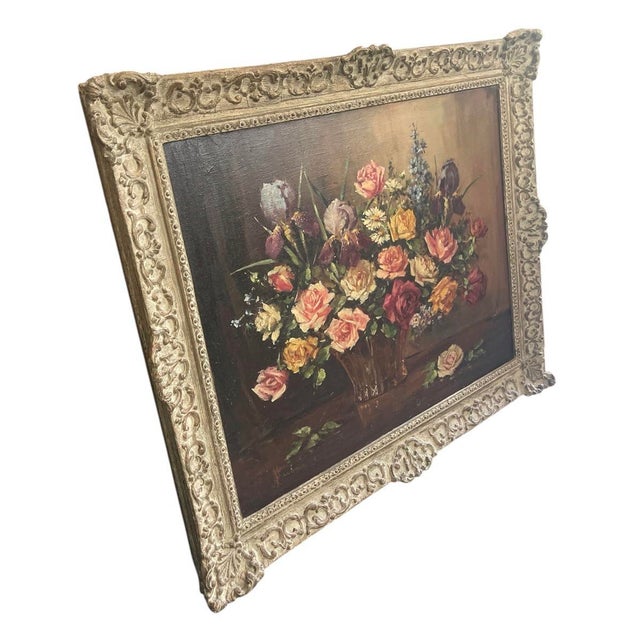 Wood Vintage Continental Floral Still Life Oil Painting – Ornate Baroque Style Frame For Sale - Image 7 of 12