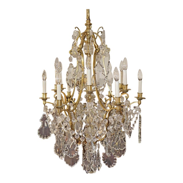 Late 19th Century French Louis XV Style Brass & Crystal 12 Light Cage Chandelier For Sale