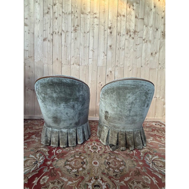 Napoleon III Toadstool Lounge Chairs in Blue-Grey Velvet, Set of 2 For Sale - Image 6 of 8