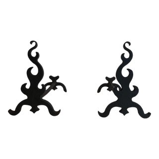 Cast Iron and Wrought Ironandirons, French, circa 1940 - A Pair For Sale