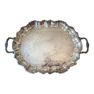 Vintage Leonard Silver Plated Footed Butlers Serving Tray With Ornate Handles For Sale
