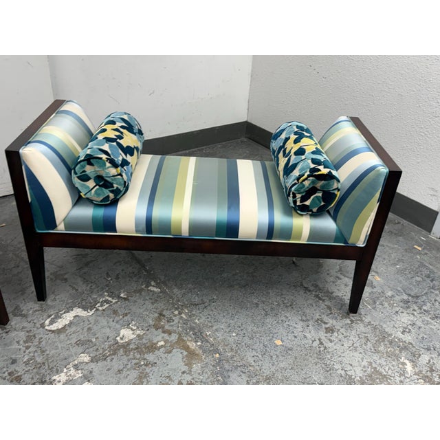 Design Plus Gallery presents a Bespoke Pair of Coastal Stripe Benches. This coordinating pair has brown stained wood...