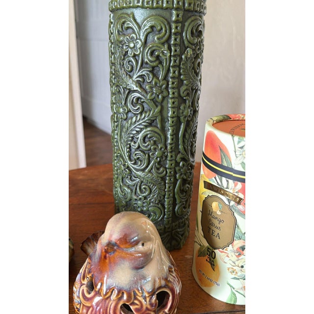Vintage 60s-70s Carved Dk Olive Green Pillar Candle For Sale - Image 4 of 9