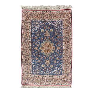 Very Fine Silk & Wool Isfahan Rug With Intricate Florals in Blue Persian 3'7"x5'11" For Sale
