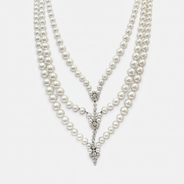 Mikimoto Classic Akoya Pearl Triple Strand Necklace with Diamonds 6-8 mm Akoya round, cultured pearls 34 round diamonds,...