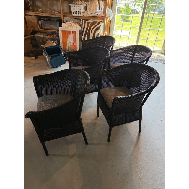 Transitional Set of 5 Lamberts Black Wicker Arm Chairs With Custom Perennials Seat Cushions For Sale - Image 3 of 14