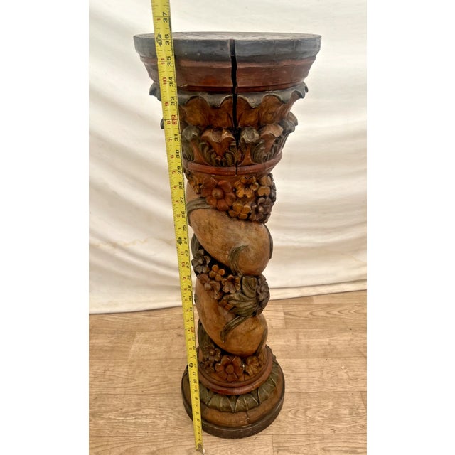 Antique Italian Style Column Bust Plant Stand Pedestal Hand Carved Solid Wood For Sale - Image 9 of 12