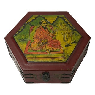 Oriental Hexagonal Red Color Lohans Monks Drawing Accent Box For Sale
