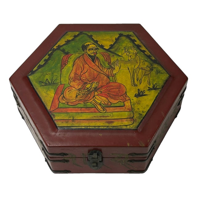 Oriental Hexagonal Red Color Lohans Monks Drawing Accent Box For Sale