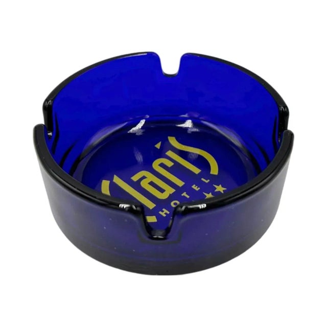 Contemporary Vintage Cobalt Blue Glass Claris Hotel Barcelona, Spain Ashtray For Sale - Image 3 of 12