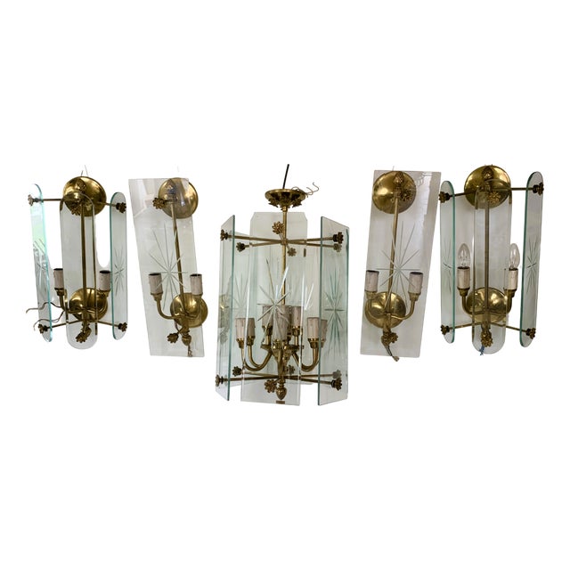 Art Deco Wall Lamps and Chandelier with 12 Lamps, 1970s, Set of 5 For Sale