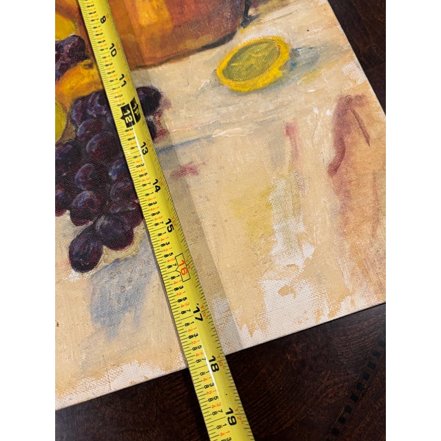 Vintage Still Life Oil Painting With Fruit, Wine Bottle & Copper Kettle, 14” × 18” For Sale - Image 9 of 10