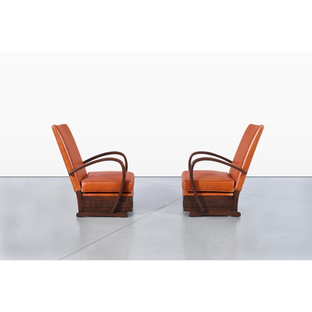 Vintage French Art Deco Leather and Walnut Lounge Chairs, 1940s For Sale - Image 4 of 14