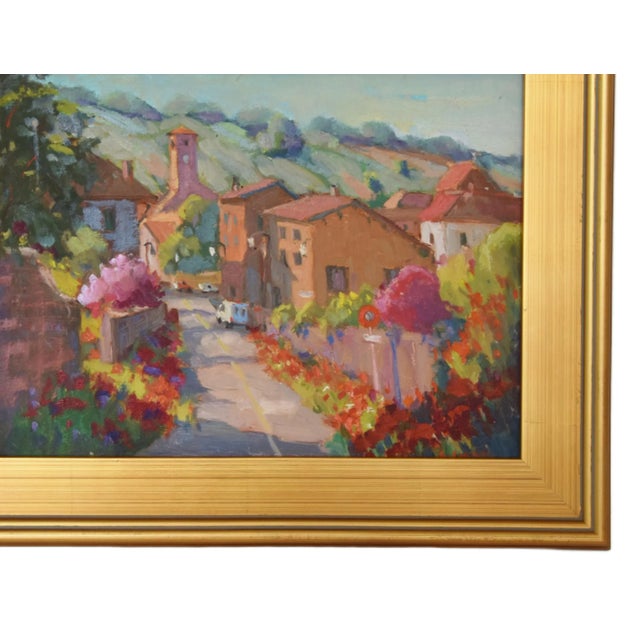 Italian village landscape oil painting on artist canvas board by listed artist Silvio Silvestri (1948-2018.) Silvestri was...