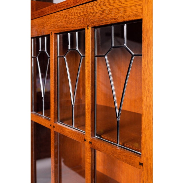 2020s Mission Leaded Glass Bookcase With Lock & Key - Walnut For Sale - Image 5 of 17