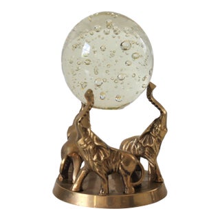 Vintage Brass Elephant Trio Base W/ Bubble Art Glass Sphere For Sale