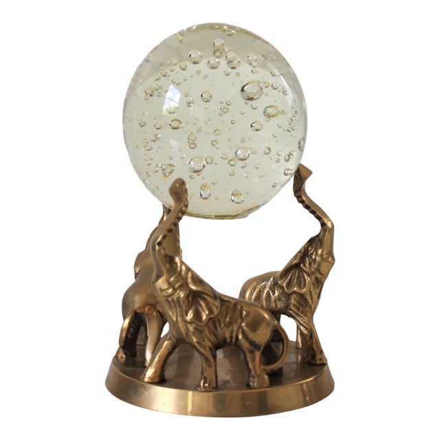 Vintage Brass Elephant Trio Base W/ Bubble Art Glass Sphere For Sale