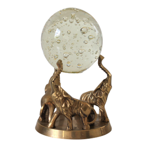 Vintage Brass Elephant Trio Base W/ Bubble Art Glass Sphere