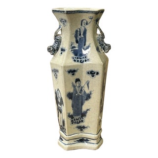 Vintage Rhombus Shape Blue White Eight Immortal Graphic Porcelain Vase For Sale