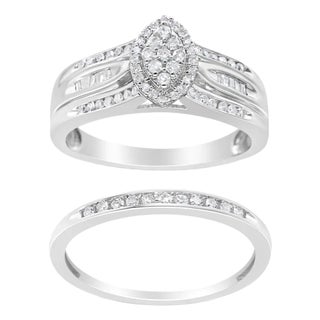 .925 Sterling Silver 1/2 Cttw Round and Baguette-Cut Diamond Engagement Bridal Set - Size 9 For Sale