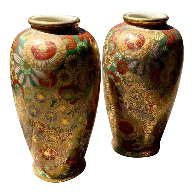 Early 20th Century Pair Japanese Satsuma Hanazume Miniature Cabinet Vases, Floral Decoration, 5 Inches For Sale