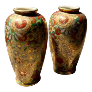 Early 20th Century Pair Japanese Satsuma Hanazume Miniature Cabinet Vases, Floral Decoration, 5 Inches