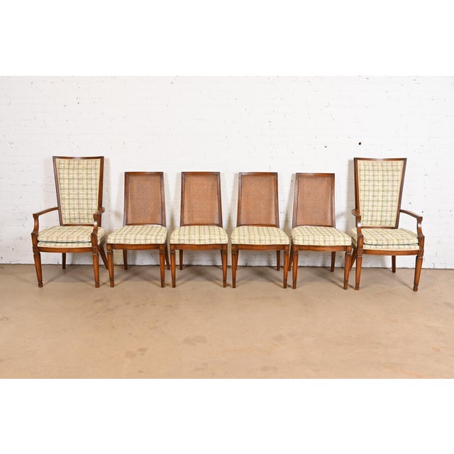 French Henredon Style French Regency Louis XVI Carved Walnut and Cane Back Dining Chairs, Set of Six For Sale - Image 3 of 12