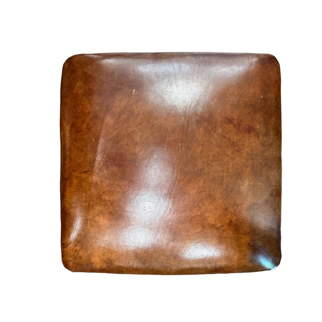 French Leather Ottoman Seat or Stool on Turned Walnut Frame For Sale - Image 9 of 11