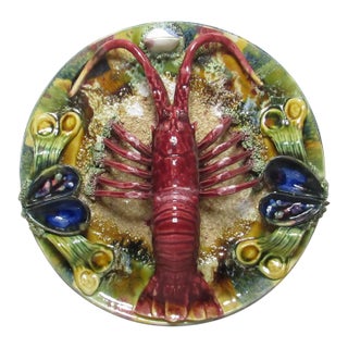 Vintage Portuguese Majolica Lobster Wall Plate For Sale