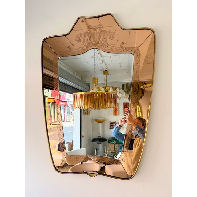 Mirror Brass and Pink Colored Glass by Giovanni Battista Gariboldi Italy, 1950s For Sale - Image 10 of 12