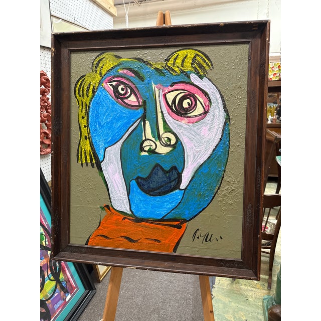 Abstract 1970s Peter Keil Blue Picasso Female Cubist Painting, Framed For Sale - Image 3 of 7