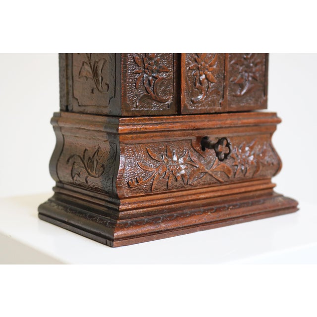 Antique Black Forest Jewelry Box in Carved Fruitwood and Red Velvet Chest, 1890 For Sale - Image 10 of 11