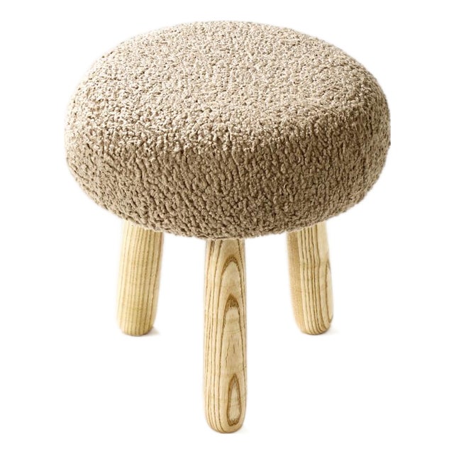 Custom Awassi Tripod Ottoman Footstool — Turned Ash Legs — Camel Tan Bouclé For Sale