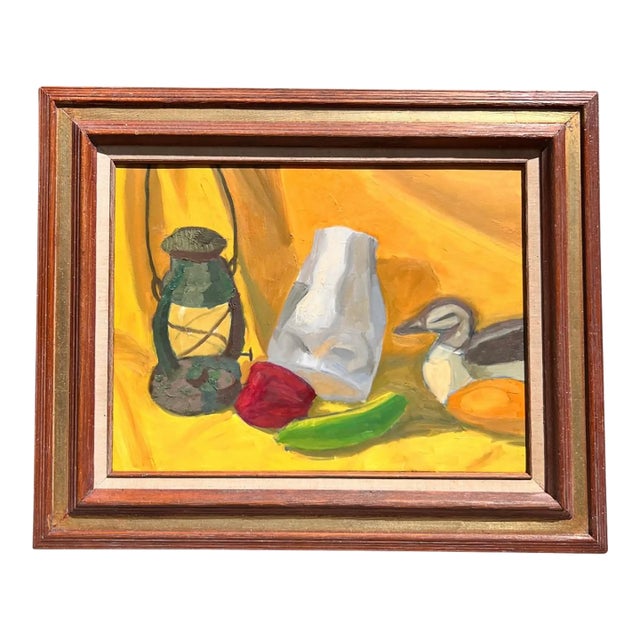 Mid-Century Modern Framed Yellow Still Life Oil Painting For Sale