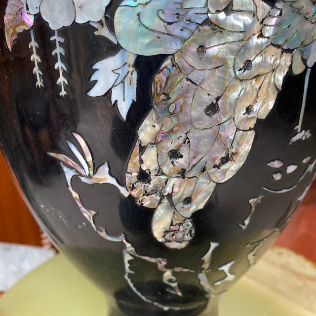 1970s Tall Black Asian Mother of Pearl Peacock Details Vase For Sale - Image 4 of 8