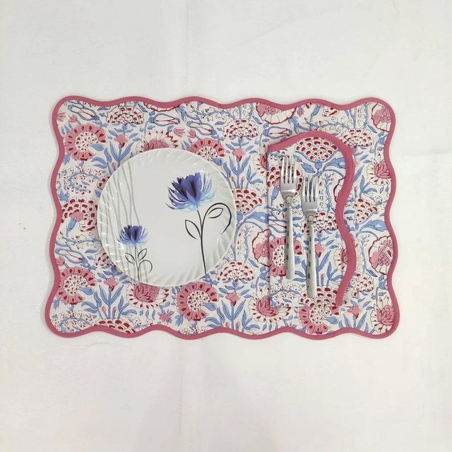 Not Yet Made - Made To Order Handmade Scalloped White Floral Napkins with Pink Piping - Set of 4 For Sale - Image 5 of 8