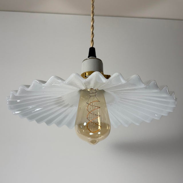 Antique White Opaline Glass “Frill” Pendant Light, 1930s For Sale - Image 4 of 7