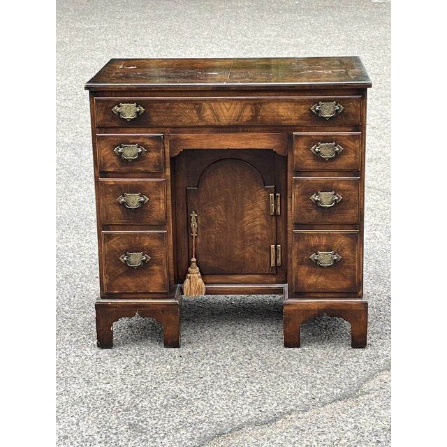 Burr Walnut Kneehole Desk on Bracket Feet with Brass Handles For Sale - Image 3 of 9