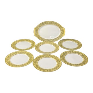 1970s Set of 6 Golden Damask Plates and Platter For Sale