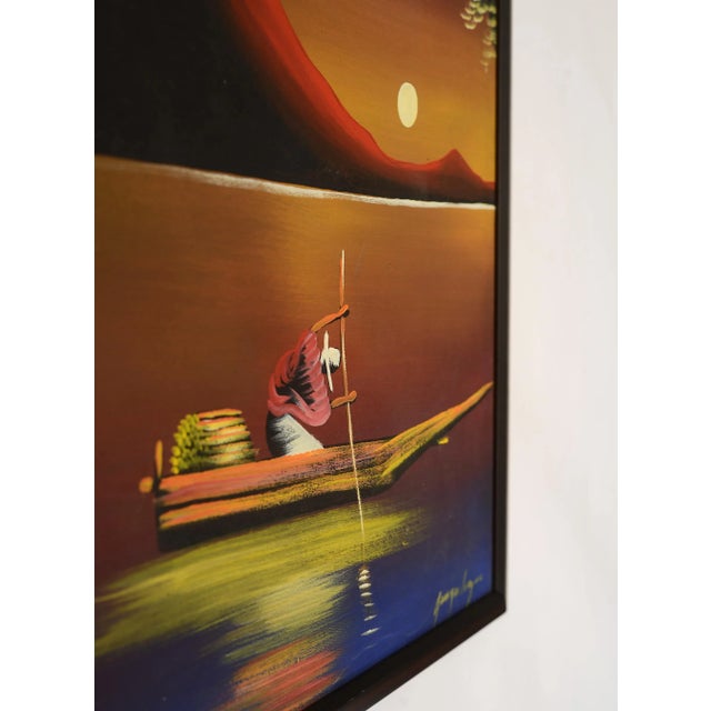Wood Mid 20th Century "Tropical Seafarer at Moonlight" Landscape Painting, Framed For Sale - Image 7 of 10