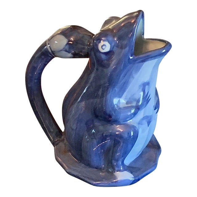 Charming Blue Pottery Frog Pitcher For Sale
