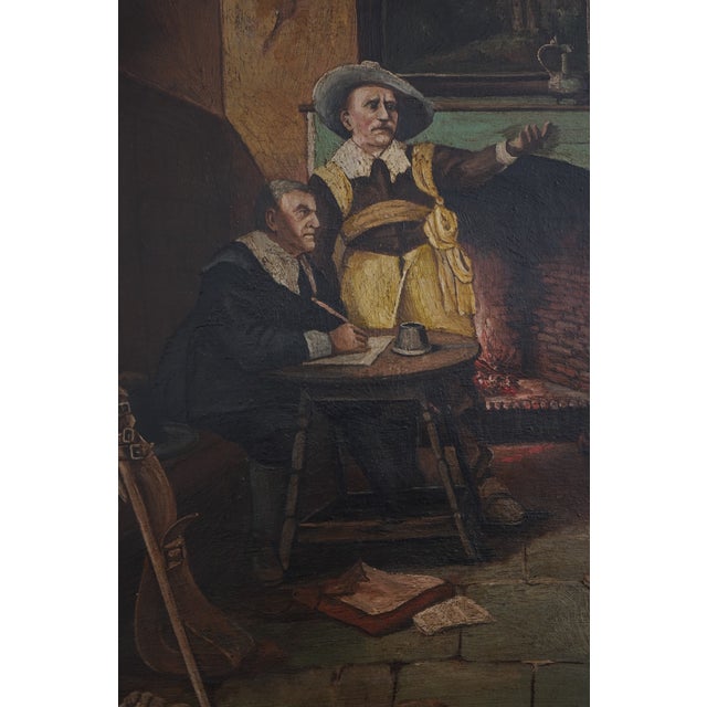 Paint J. Cotton Oil on Canvas Painting of Noblemen by Fireplace - Signed For Sale - Image 7 of 11