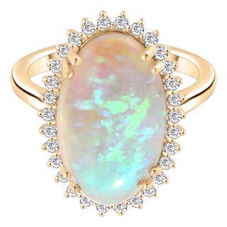 Fire Opal Cocktail Halo Diamond Ring in 14k Gold Ring Size 7 For Sale