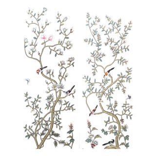 Chinoiserie Panels Hand Painted Wallpaper With Partial Hand Embroidery - 2 Panels For Sale
