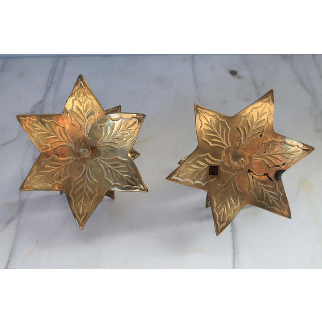 Metal Pair of Vintage Brass Holly Leaf Taper Candle Holders For Sale - Image 7 of 8